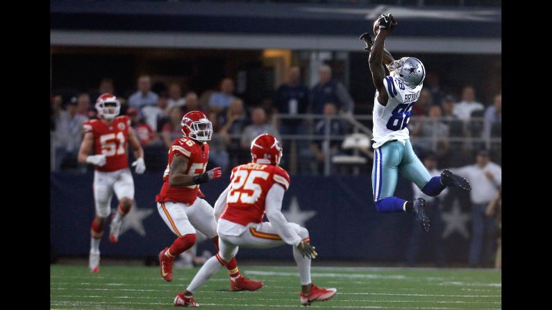 Dallas wide receiver Dez Bryant leaps for a pass during an NFL game against Kansas City on Sunday, November 5.