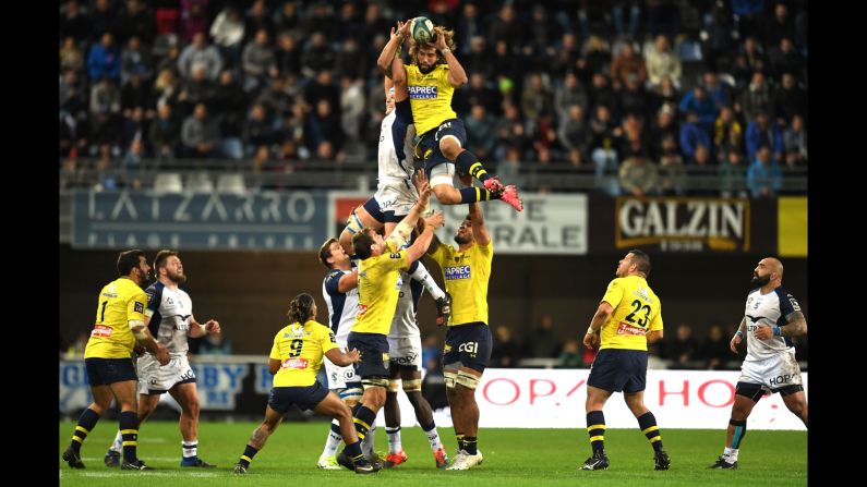 Camille Gerondeau, a flanker for French rugby club Clermont, grabs the ball during a lineout against Montpellier on Sunday, November 5.