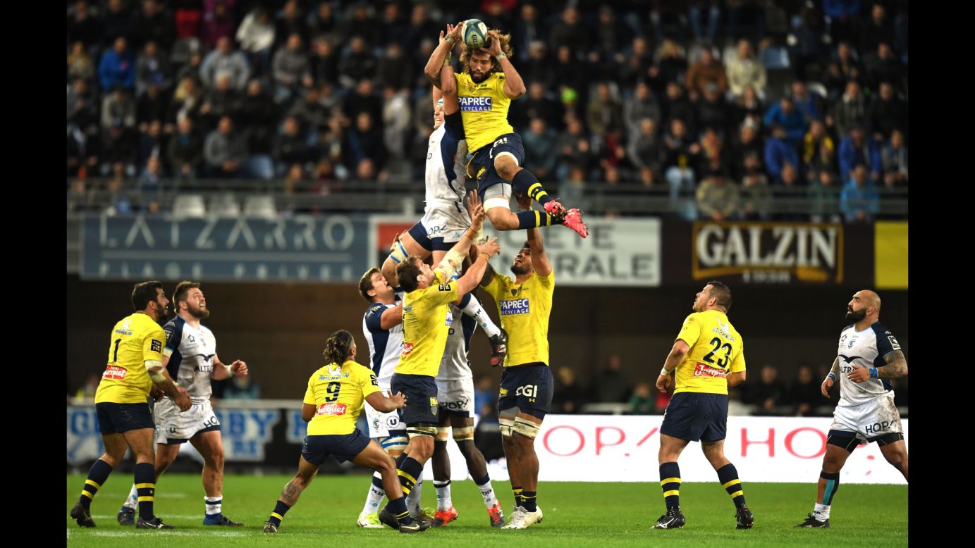 Camille Gerondeau, a flanker for French rugby club Clermont, grabs the ball during a lineout against Montpellier on Sunday, November 5.