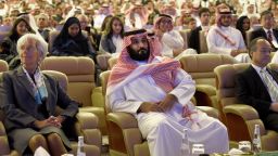 Saudi Crown Prince Mohammed bin Salman (C) and Managing Director of International Monetary Fund Christine Lagarde (L) attend the Future Investment Initiative (FII) conference in Riyadh, on October 24, 2017.
The Crown Prince pledged a "moderate, open" Saudi Arabia, breaking with ultra-conservative clerics in favour of an image catering to foreign investors and Saudi youth.  "We are returning to what we were before -- a country of moderate Islam that is open to all religions and to the world," he said at the economic forum in Riyadh.
 / AFP PHOTO / FAYEZ NURELDINE        (Photo credit should read FAYEZ NURELDINE/AFP/Getty Images)