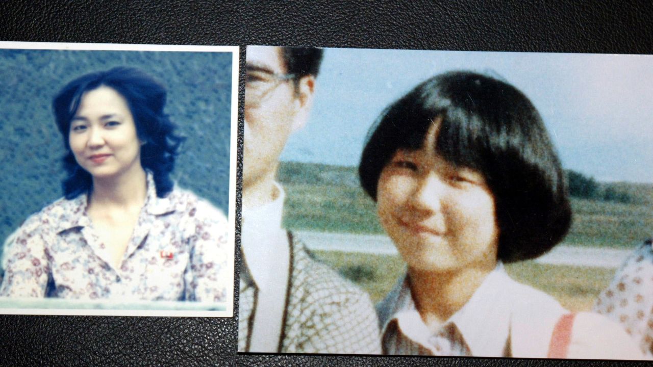 Megumi Yokota, at 13 (R) and at 20, taken in North Korea, is shown at a news conference October 3, 2002 in Tokyo.