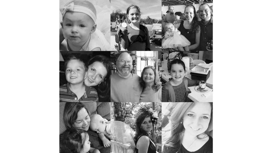 In this collage, left to right, from top: Noah Holcombe, 17 months, deceased; Evelyn Hill, injured; Noah with mother Jenni Holcombe and father Danny Holcombe, deceased; family friend Tara Elyse McNulty, deceased, with son James; Bryan and Karla Holcombe, both deceased; Megan Hill, deceased; Karla Holcombe with Noah and another grandchild; Crystal Holcombe, who was pregnant, deceased; and McNulty.