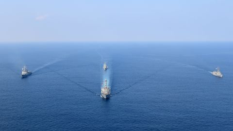 A photo released by the South Korean Navy shows the US, South Korea and Australia participating in joint naval drills.