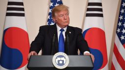 US President Donald Trump attends a joint press conference with South Korea's President Moon Jae-In at the presidential Blue House in Seoul on November 7, 2017.US President Donald Trump arrived in Seoul on November 7 vowing to "figure it all out" with his South Korean counterpart Moon Jae-In, despite the two allies' differences on how to deal with the nuclear-armed North. / AFP PHOTO / Jim WATSON        (Photo credit should read JIM WATSON/AFP/Getty Images)
