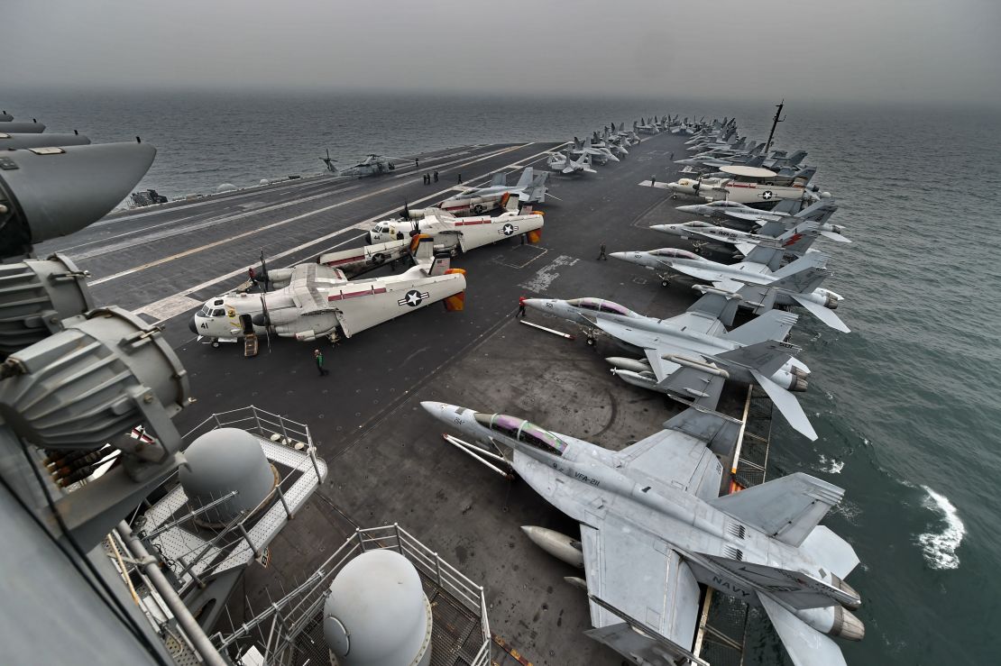 A general view shows the flight deck on board the aircraft carrier USS Theodore Roosevelt in 2015.