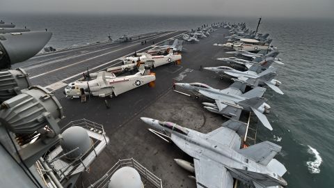 A general view shows the flight deck on board the aircraft carrier USS Theodore Roosevelt in 2015.