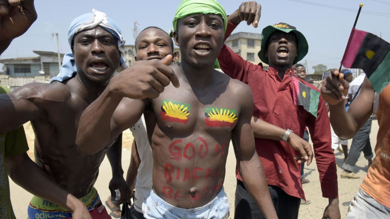 Pro-Biafra supporters shout slogans in Aba, southeastern Nigeria, during a protest calling for the release of a key activist on November 18, 2015.