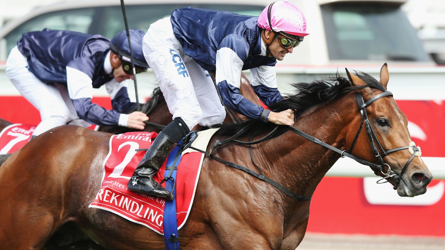 Corey Brown riding Rekindling wins the Melbourne Cup at Flemington Racecourse on November 7 in Melbourne.
