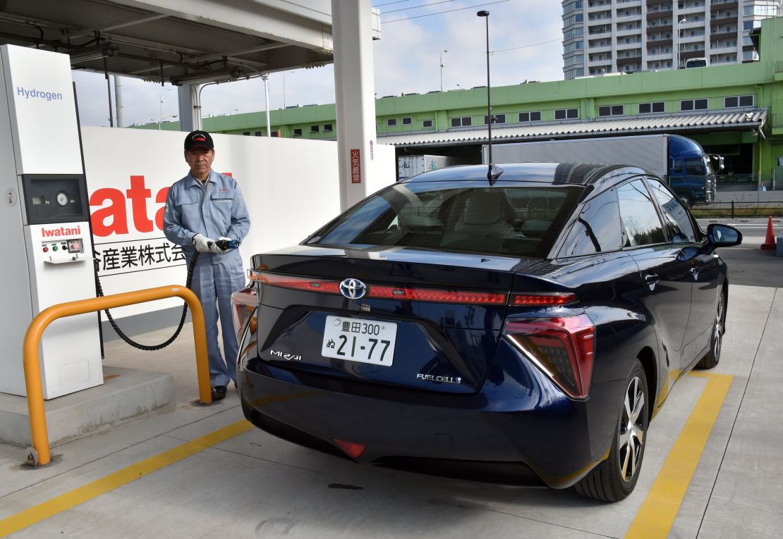 The Toyota Mirai, pictured at a hydrogen station in Tokyo, has a range of 650 kilometers.
