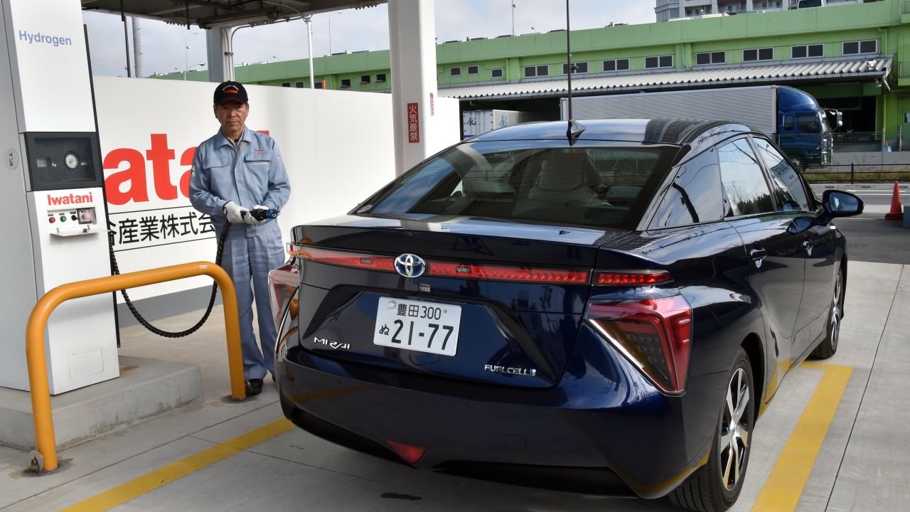 The Toyota Mirai, pictured at a hydrogen station in Tokyo, has a range of 650 kilometers.