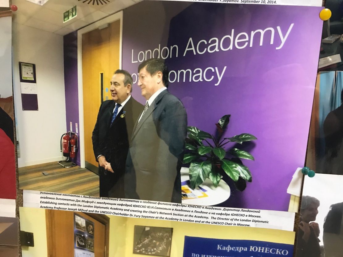 Picture on the wall at Moscow State University (MSU) of Joseph Mifsud (left) with Yury Sayamov, UNESCO Chairholder in the Faculty of Global Processes at MSU. The picture was taken while the two men were at the London Diplomatic Academy.