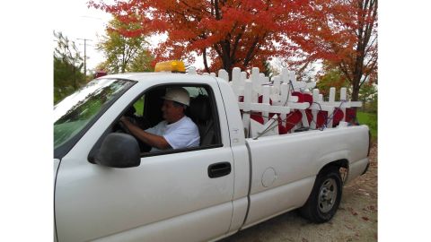 Greg Zanis readies his truck with crosses for the shooting victims in Sutherland Springs, Texas.