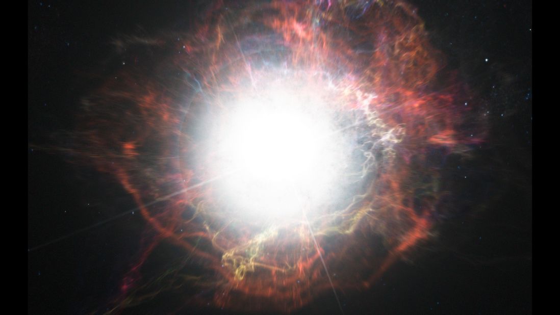 This artist's impression shows a supernova explosion, which contains the luminosity of 100 million suns. Supernova iPTF14hls, which has exploded multiple times, may be the most massive and longest-lasting ever observed. 