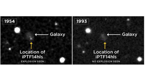 The same star appears to have exploded in 1954, accounting for the brightness in the image, but appears dim in other years.