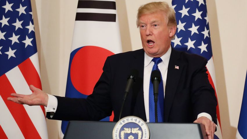 U.S. President Donald Trump attends the joint press conference at the presidential Blue House on November 7, 2017 in Seoul, South Korea. Trump is in South Korea as a part of his Asian tour.  (Photo by Chung Sung-Jun/Getty Images)