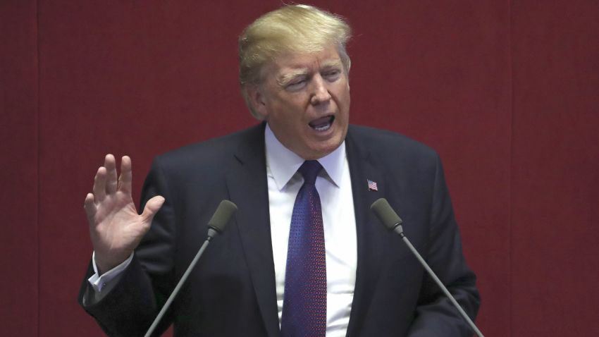 U.S. President Donald Trump delivers a speech at the National Assembly in Seoul, South Korea, Wednesday, Nov. 8, 2017.  President Trump will warn North Korea not to "try us" in a speech delivered hours after his surprise visit to the heavily fortified Korean demilitarized zone was thwarted by bad weather Wednesday. (AP Photo/Lee Jin-man, Pool)