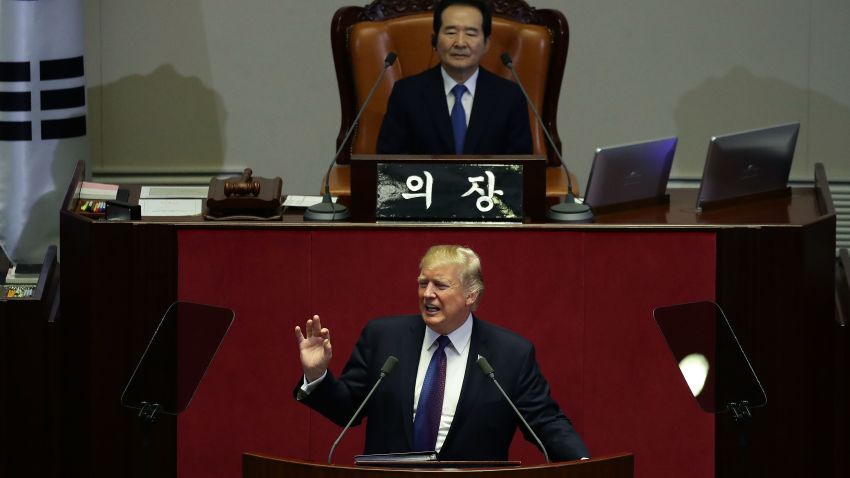 President Donald Trump speaks at the National Assembly on November 8, 2017 in Seoul, South Korea.