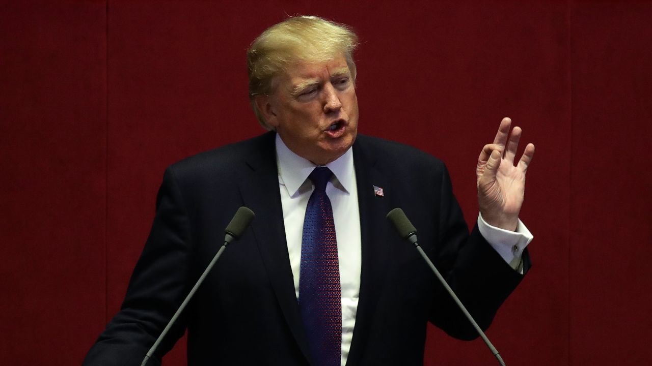 SEOUL, SOUTH KOREA - NOVEMBER 08:  U.S. President Donald Trump speaks at the National Assembly on November 8, 2017 in Seoul, South Korea. Trump is in South Korea as a part of his Asian tour.  (Photo by Chung Sung-Jun/Getty Images)