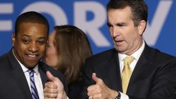 FAIRFAX, VA - NOVEMBER 07:  Gov.-elect Ralph Northam (R) and Lt. Gov.-elect Justin Fairfax greet supporters at an election night rally November 7, 2017 in Fairfax, Virginia. Northam defeated Republican candidate Ed Gillespie.  (Photo by Win McNamee/Getty Images)