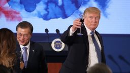U.S. President Donald Trump and South Korean President Moon Jae-in toast at the start of a dinner at the Blue House in Seoul, South Korea, Tuesday, Nov. 7, 2017. Trump is on a five country trip through Asia traveling to Japan, South Korea, China, Vietnam and the Philippines. (AP Photo/Andrew Harnik)