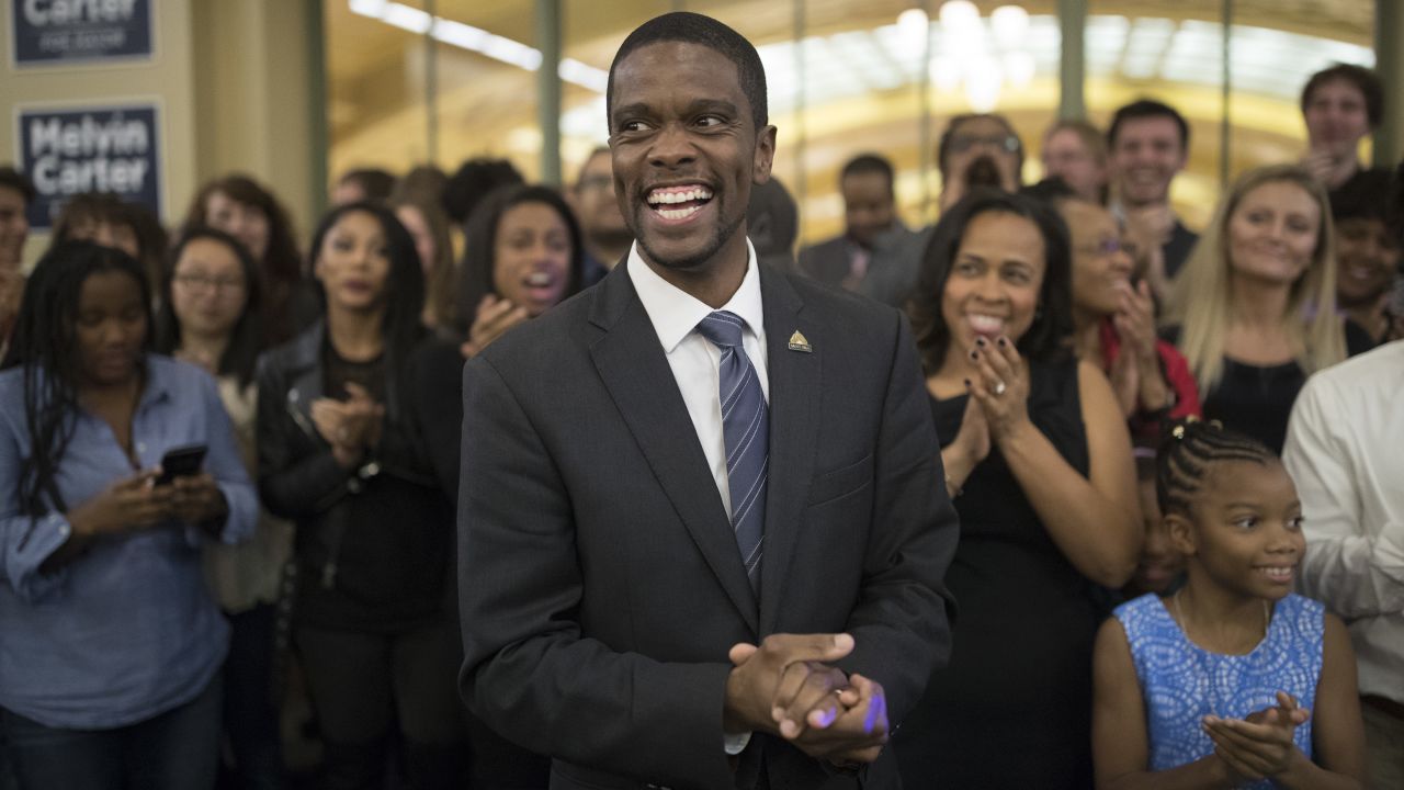 St. Paul mayoral candidate Melvin Carter III celebrates his win with family and friends on Tuesday in St. Paul, Minnesota.