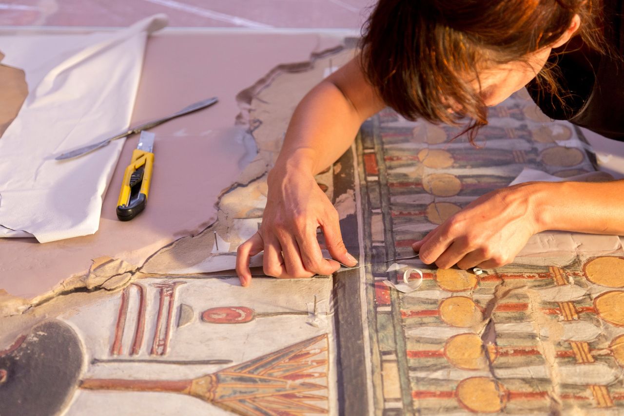 A Factum Foundation employee works on the facsimilie of Pharaoh Seti I's tomb.