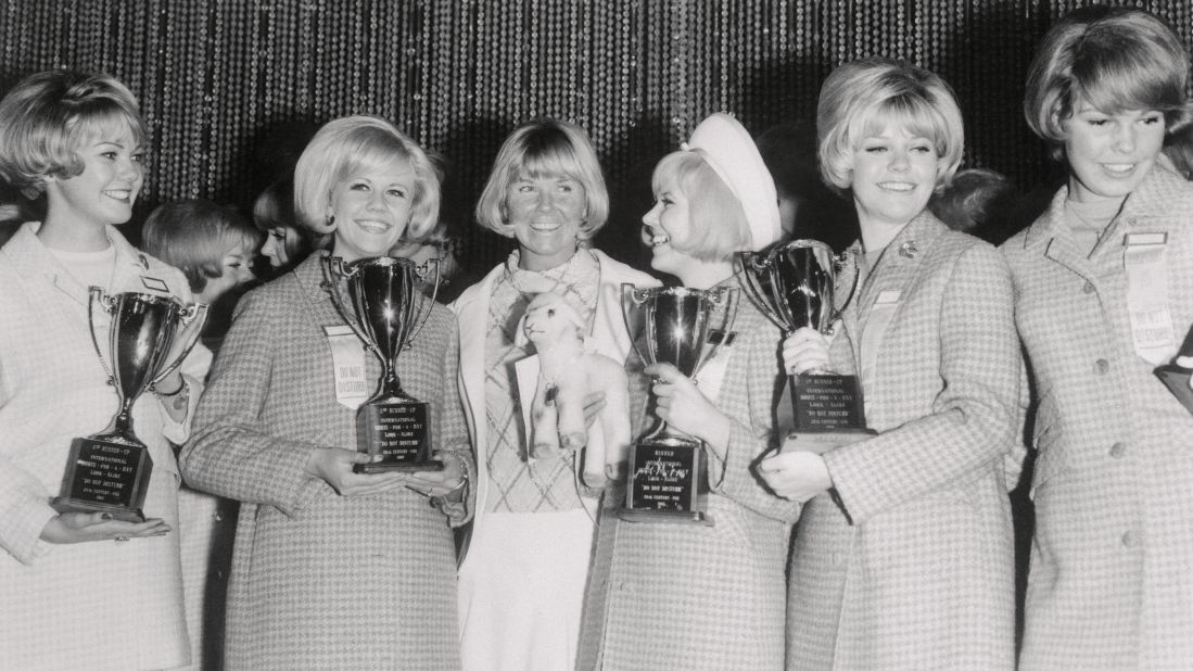 In 1965, young women from around the world competed in the International Doris-for-a-Day Look Alike contest. Day is third from left here with the top five finishers.