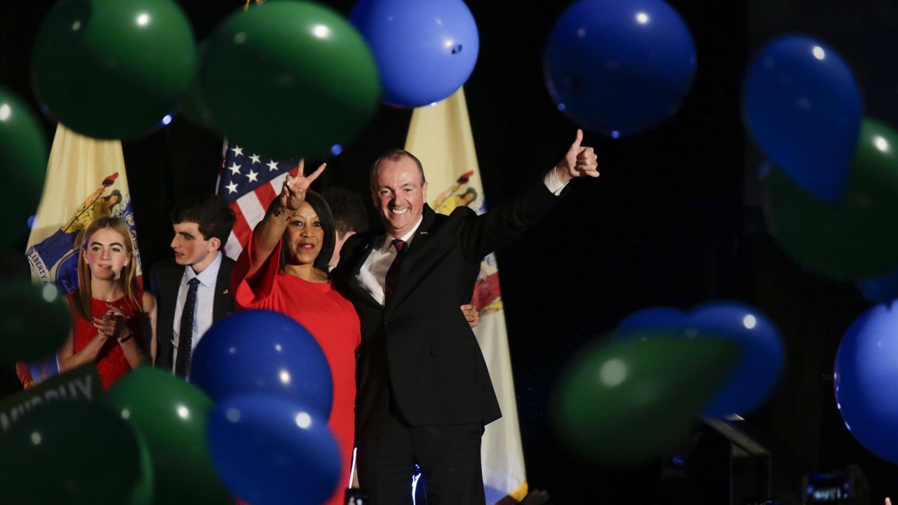 New Jersey Gov. Phil Murphy and Lt. Gov. Sheila Oliver celebrate on election night in Asbury Park.
