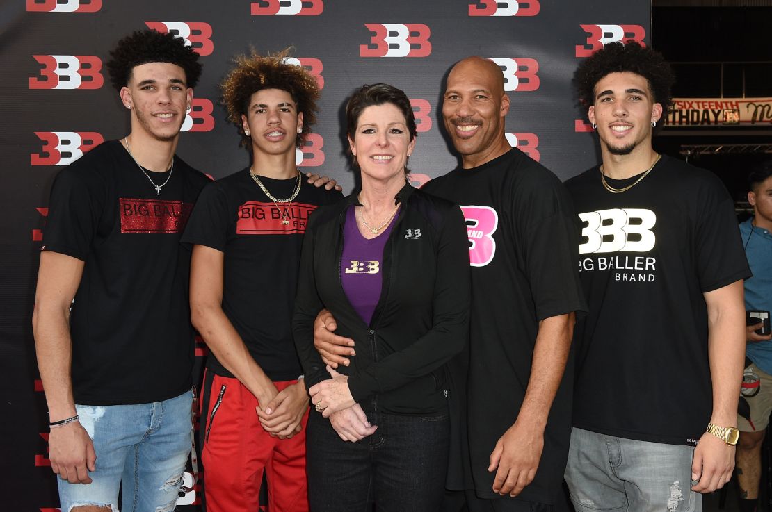 The Ball family -- from left, Lonzo Ball, LaMelo Ball, Tina Ball, LaVar Ball and LiAngelo Ball -- attend LaMelo's 16th birthday party on September 2, 2017 in Chino, California. 