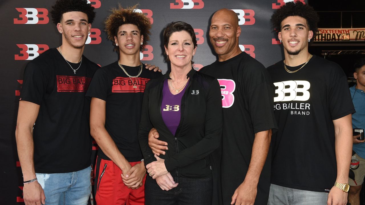 The Ball family -- from left, Lonzo Ball, LaMelo Ball, Tina Ball, LaVar Ball and LiAngelo Ball -- attend LaMelo's 16th birthday party on September 2, 2017 in Chino, California. 