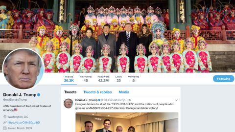 US President Donald Trump's Twitter displays a photo of him and Chinese President Xi Jinping at the Forbidden City in Beijing, China.