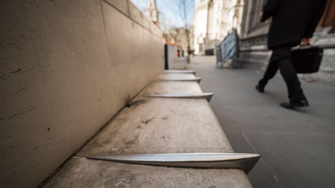 Metal spikes on the bench are designed to prevent skateboarders.