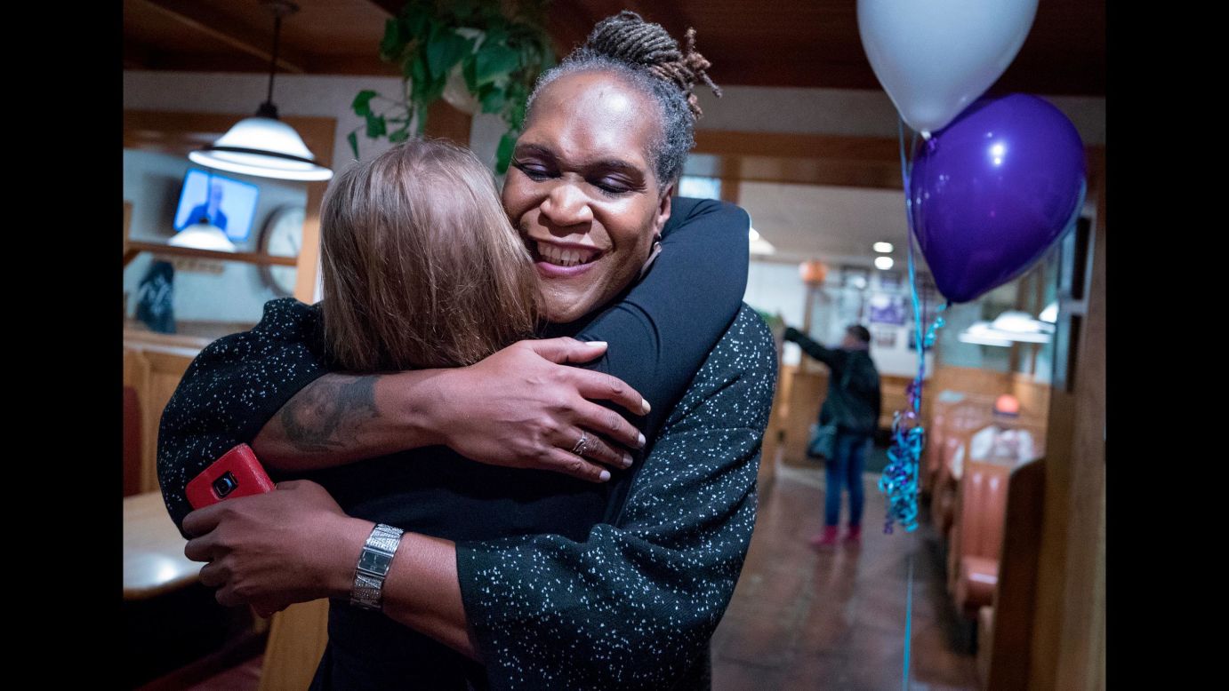 Andrea Jenkins hugs a supporter after winning a spot on the Minneapolis City Council on Tuesday, November 7. Jenkins is the first openly transgender person of color to be elected to public office in the United States. <a href="http://www.cnn.com/2017/11/08/us/election-firsts-lgbt-minorities/index.html" target="_blank">Read more: Election night brings historic wins for minority and LGBT candidates</a>