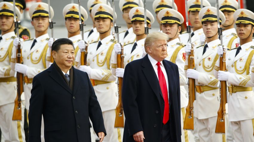 BEIJING, CHINA - NOVEMBER 9:  U.S. President Donald Trump takes part in a welcoming ceremony with China's President Xi Jinping on November 9, 2017 in Beijing, China. Trump is on a 10-day trip to Asia.  (Photo by Thomas Peter-Pool/Getty Images)