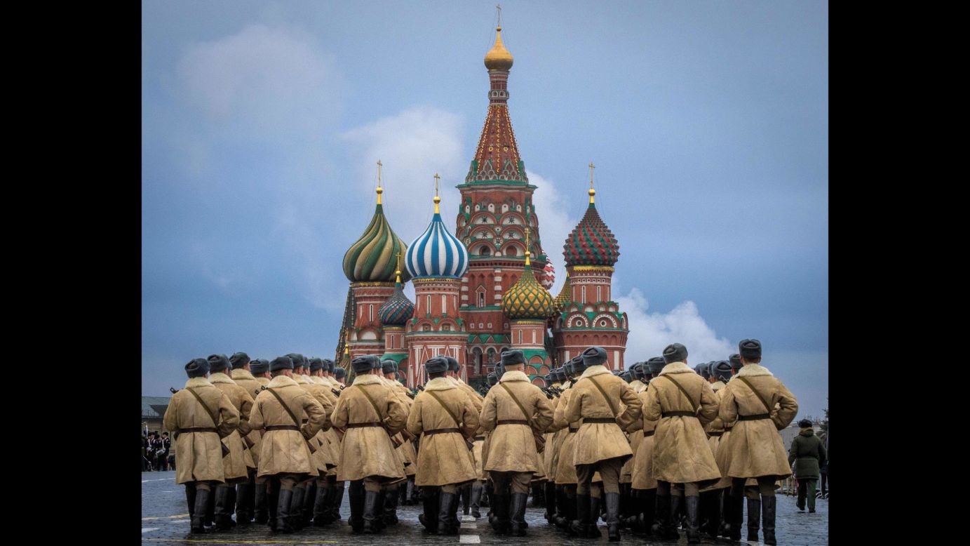 Russian soldiers rehearse Sunday, November 5, ahead of a Red Square parade in Moscow.
