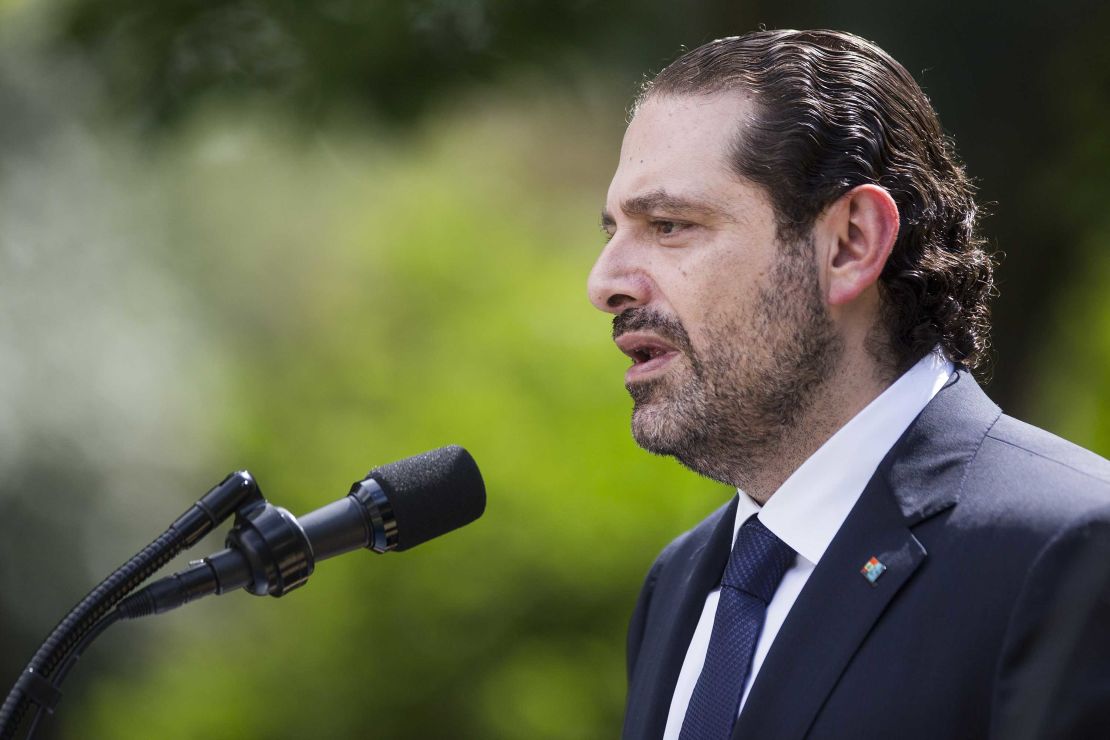 Saad Hariri speaking at a press conference in Washington on July 25, 2017.