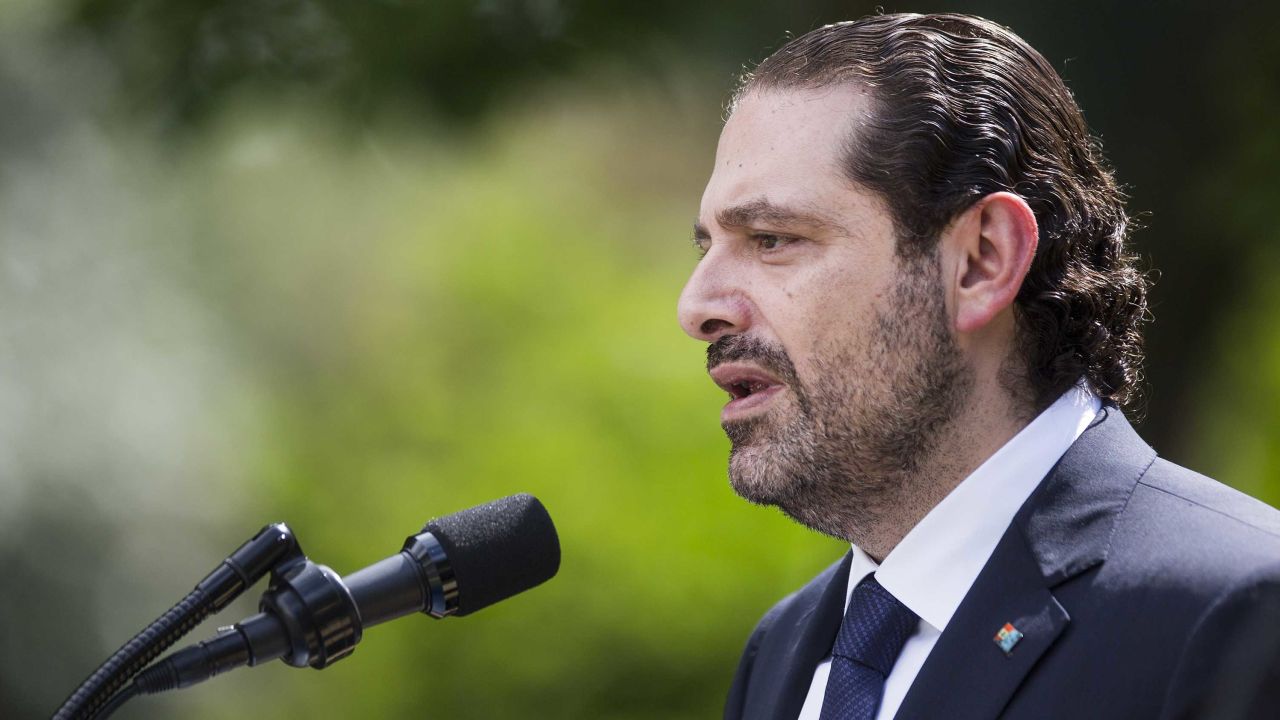Saad Hariri speaking at a press conference in Washington on July 25, 2017.