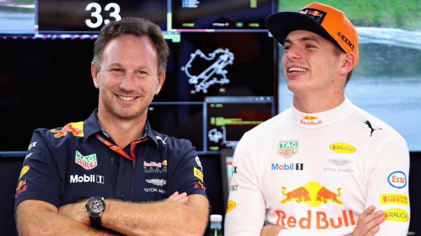 KUALA LUMPUR, MALAYSIA - SEPTEMBER 29:  Red Bull Racing Team Principal Christian Horner talks with Max Verstappen of Netherlands and Red Bull Racing  during practice for the Malaysia Formula One Grand Prix at Sepang Circuit on September 29, 2017 in Kuala Lumpur, Malaysia.  (Photo by Mark Thompson/Getty Images)