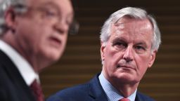 Britain's chief Brexit negotiator David Davis (L) and EU's chief Brexit negotiator Michel Barnier.