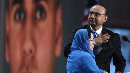 Khizr Khan, father of Humayun S. M. Khan  who was killed while serving in Iraq with the US Army, gestures as his wife looks on during the fourth and final day of the Democratic National Convention at the Wells Fargo Center on July 28, 2016 in Philadelphia, Pennsylvania.   / AFP / Timothy A. CLARY        (Photo credit should read TIMOTHY A. CLARY/AFP/Getty Images)