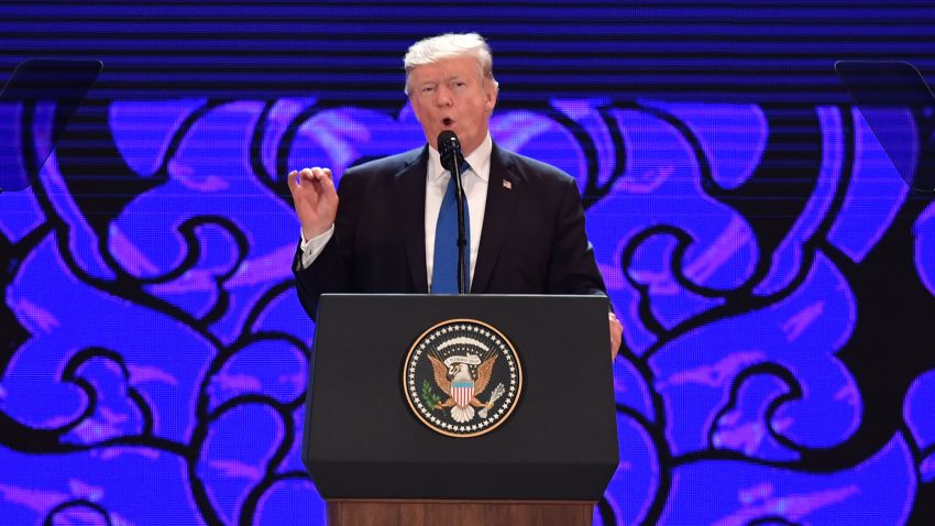 US President Donald Trump speaks on the final day of the APEC CEO Summit, part of the broader Asia-Pacific Economic Cooperation (APEC) leaders' summit, in the central Vietnamese city of Danang on November 10, 2017.
World leaders and senior business figures are gathering in the Vietnamese city of Danang this week for the annual 21-member APEC summit. / AFP PHOTO / POOL / Anthony WALLACE (Photo credit should read ANTHONY WALLACE/AFP/Getty Images)