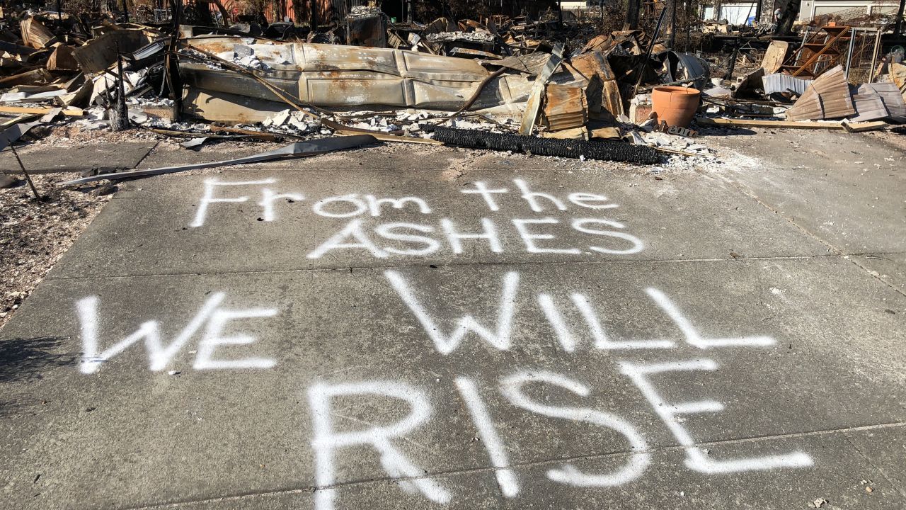 A message of resilience is painted on a street in the Coffey Park subdivision of Santa Rosa.