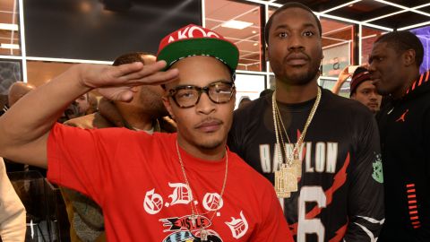Meek Mill (right) with rapper T.I., who has urged people to compare Meek's sentencing to the lack of consequences most police officers face after episodes of police violence. 