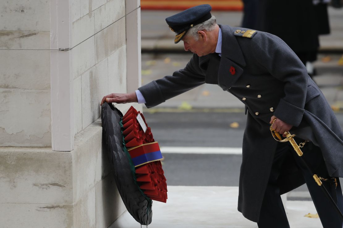 Britain's Prince Charles lays a wreath during the Remembrance Sunday ceremony at the Cenotaph.