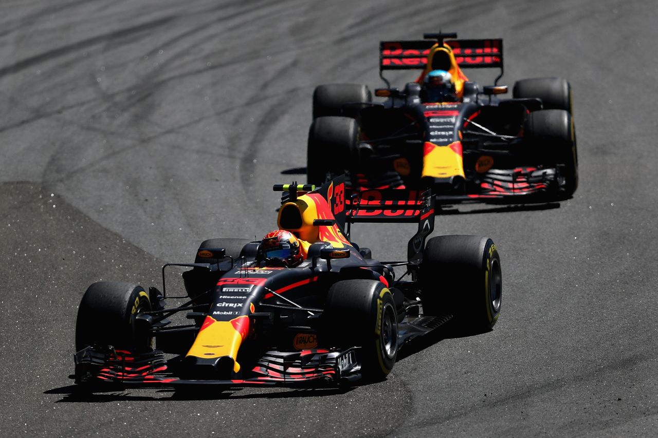Max Verstappen leads his Red Bull Racing teammate Daniel Ricciardo. The Australian started the race from 14th after taking a 10-place grid penalty for a engine change.  