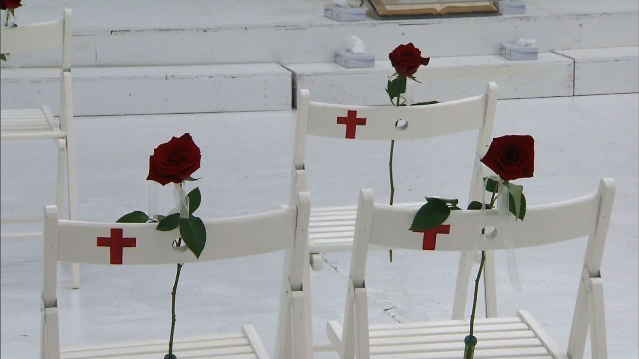 Several chairs, representing the victims of last Sunday's shooting, have been placed inside the First Baptist Church.