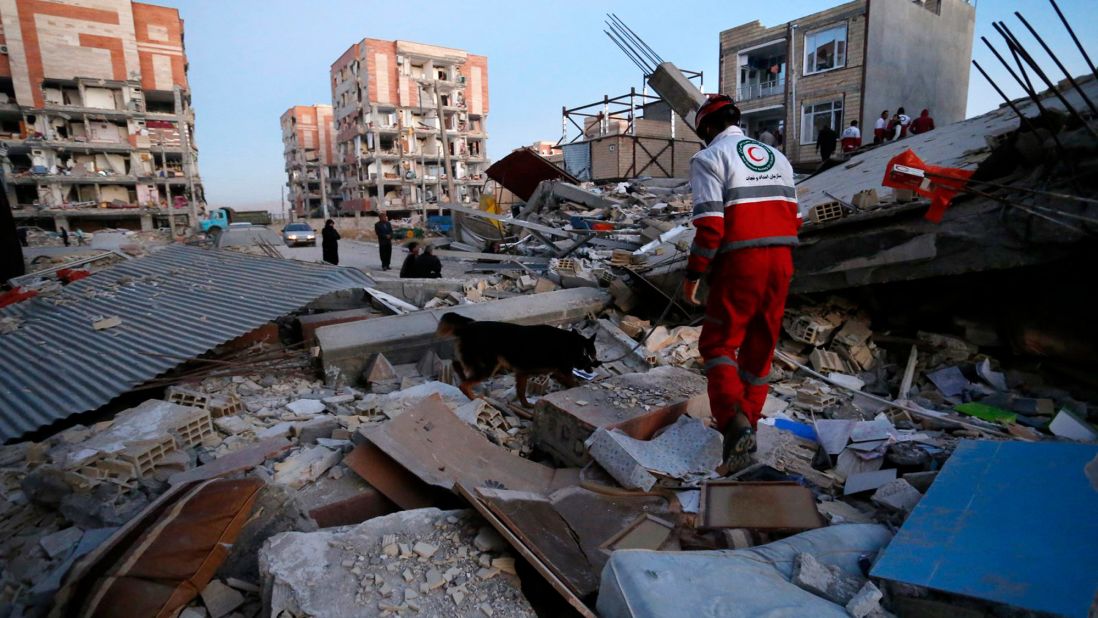 A rescue worker and his sniffer dog search for earthquake survivors in Sarpol-e-Zahab on November 13.
