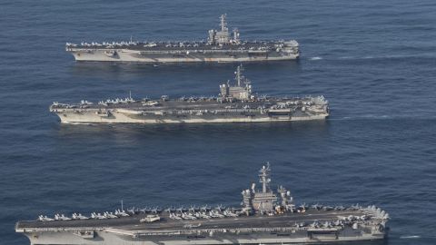 The USS Ronald Reagan, Theodore Roosevelt and Nimitz and their strike groups conduct operations.
