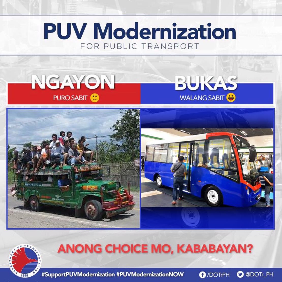 A poster from the PUV (public utility vehicle) Modernization campaign. The poster says the new vehicles won't permit "sabits" or passengers that "hang" rather than sit in seats, because of overcapacity. 