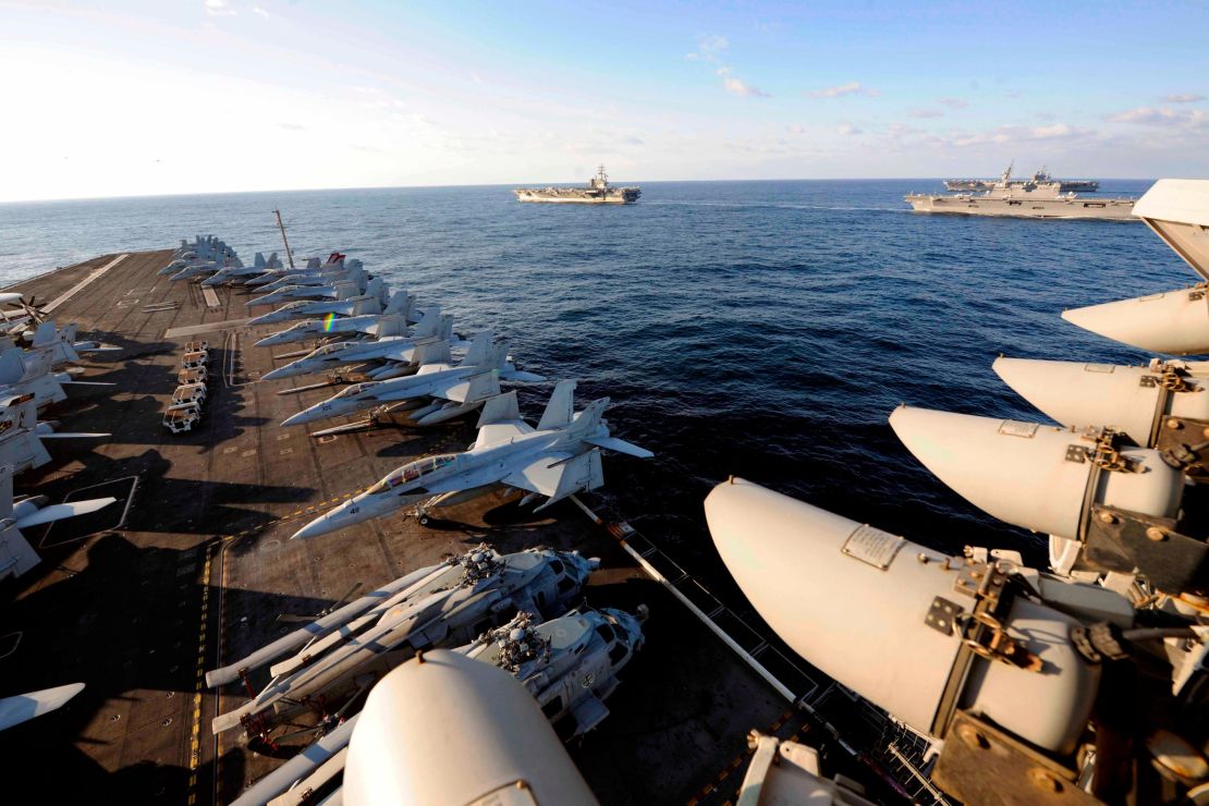 Three US carriers have not operated together in the Pacific in a decade.